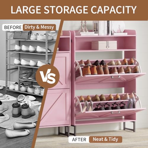 Image of Xixini Shoe Storage Cabinet with 2 Flip Drawers, Entryway Shoe Rack, Pink