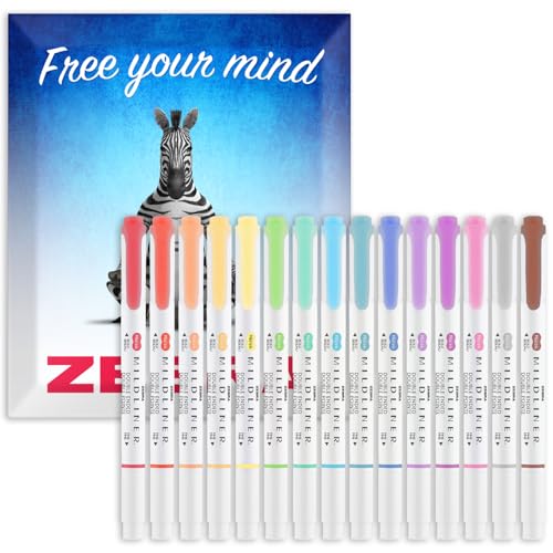 Zebra Pen Mildliner Marqueurs à double pointe, pointe large et fine, marqueurs à double face, pack de couleurs dans un emballage cadeau enveloppe, encre non acide et non toxique, 15 pièces