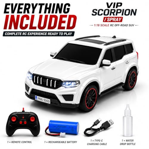 Image of The Flyers Bay 1:18 Scale Scorpio-Style Remote Control SUV Car for Kids | 2.4GHz Long Range Remote, Spray Mist Effect, Police Lights & Siren, Rechargeable Battery (White)
