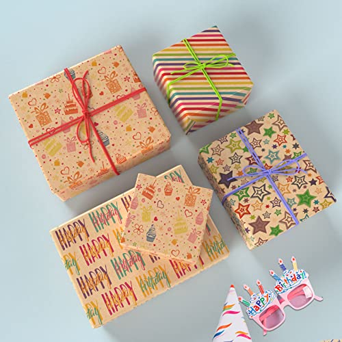 Zintbial Kraft Birthday Wrapping Paper For Kids Adults - Brown Gift Wrap With Cakes, Rainbow Stripes, Stars, And "Happy Birthday" Design - 20 X 29 Inches Per Sheet (8 Sheets 33 Sq. Ft.) Recyclable, Easy To Store, Not Rolled #TOP5