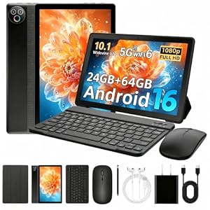 MUISOO Android 16 Tablet, 10 inch Tablet, Android Tablets with Pen Case Keyboard Mouse Earphone, 24GB RAM+64GB ROM (TF 1TB), 6000mAh, WiFi 6, BT5.4, Dual Cameras & Speakers, Black