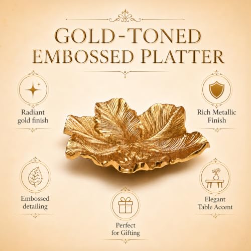 Image of MARKET 99 Glossy Golden Aluminium Decorative Dish (Set of 1) | Embossed Accent Platter for Dining Table, Living Room & Center Table | Designer Tray for Festive Gifting, Home Decor & Stylish Display