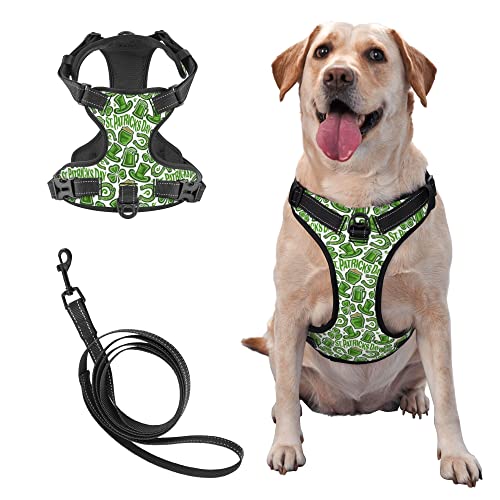 X-Large Dog Harness and Leash Set Shamrock St Patrick's Day No Pulling Puppy Harnesses Adjustable Step-in Pet Vest No Choke Escape-Proof Puppies Harness for Dogs Cats Pets Walking Running Training