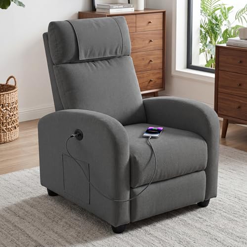 BonVache Relaxsessel, Fernsehsessel, Freizeitsessel mit USB- & Type-C-Ladeanschlüssen, verstellbare Rückenlehne und Fußstütze, Einzelsessel für Wohnzimmer, Schlafzimmer, Büro, Leinenstoff, Dunkelgrau