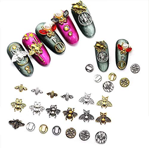 19pcs 3D Nail Art Charms Decoration Nail Metal Alloy Glitter Vintage Bee Nail Art Sticker Supplies,Nail Tip Jewellery Pendant Decal DIY Decoration for Women, Girls