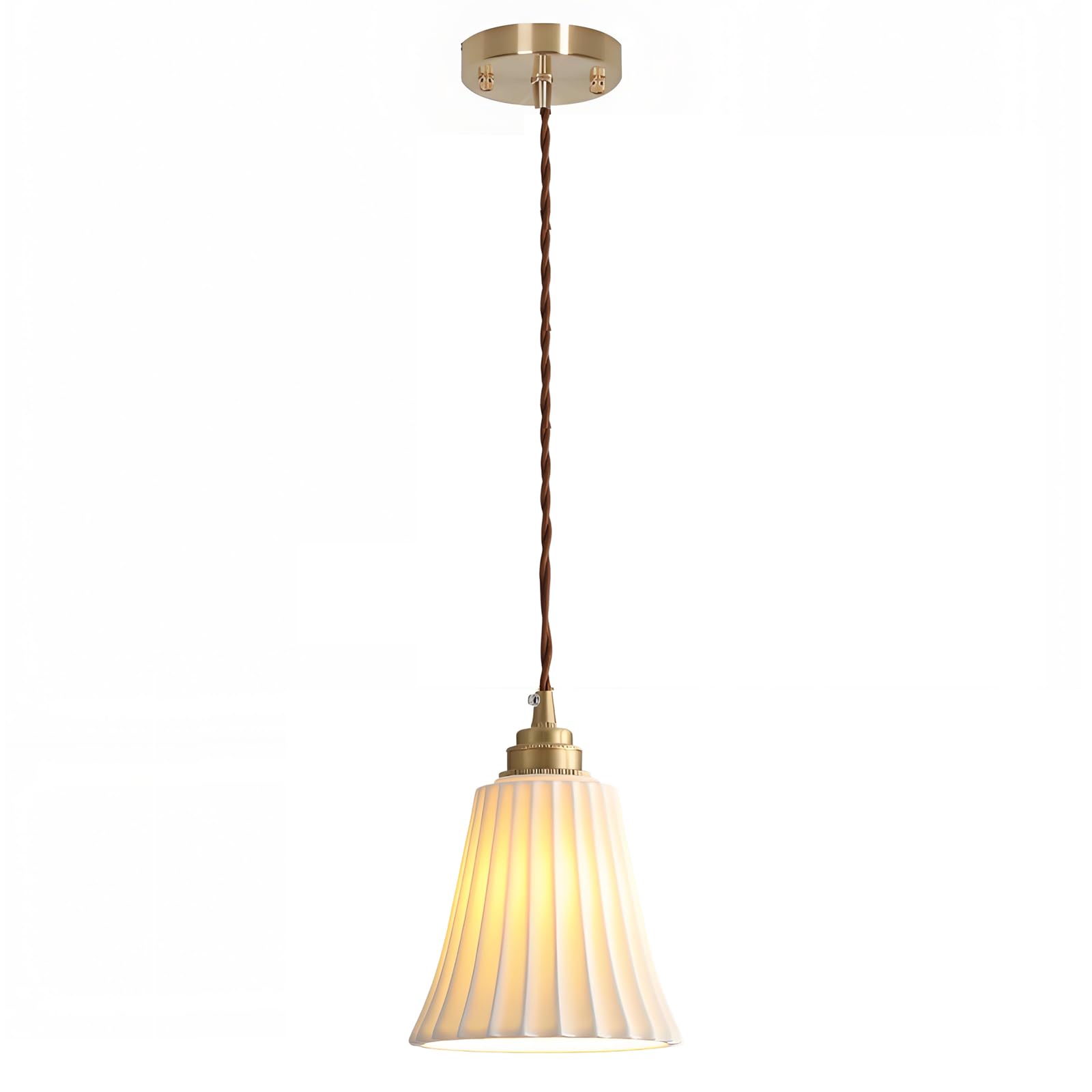 YNVIOZM 5.5" Vintage Ceramic Pendant Light with White Ceramic Wave Shade, Adjustable Height Hanging Ceiling Lighting Fixture, Sloped Ceiling Compatible for Kitchen Island, Dining Room, Entryway