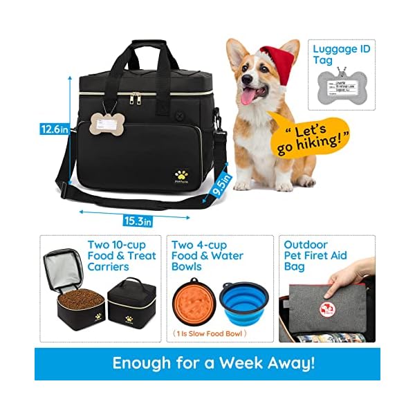 Pmpete-Dog-Travel-Bag-Airline-Approved-Week-AwayOvernight-Accessories-Tote-Organizer-with-Multi-Function-PocketsPet-Travel-Set-for-Dog-and-Cat2-Collapsible-Dog-Travel-BowlsBlack Pet Travel Set for Dog