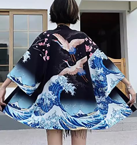 Image of LAI MENG FIVE CATS Women's Floral Print Loose Blouse Japanese Kimono Tops | Puff Sleeve,Cover up Top,Casual Cute Tops,Summer Cardigans 2026