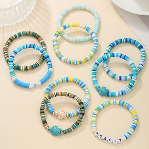 Beaded Bracelets for Women Turtle Bracelets Stackable Gold Polymer Clay Beads Boho Summer Beach Bracelet Set TG48263
