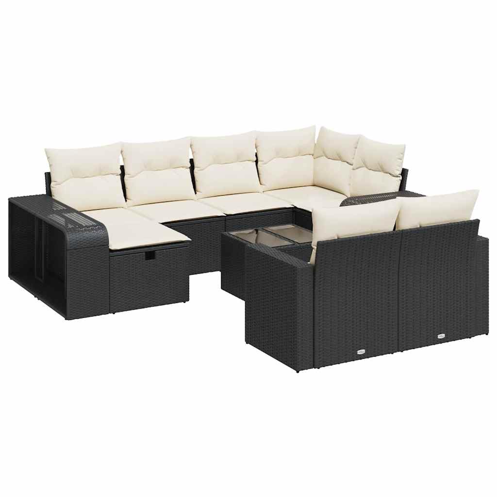 Juego de sofá modular de ratán sintético para jardín con espacio de almacenamiento y fundas de almohada extraíbles, 11 piezas, color negro