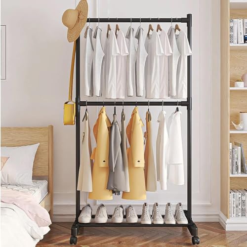 Image of Ozoy Metal Multifunctional Garment Stand Cloth Rack Freestanding Storage Organizer with Bottom Shelves Single Pole Coat Hanger - 150 x 110 x 40 CM (BLACK-2)