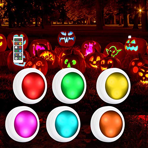 LUNSY Pumkin Lights 3AA Battery Operated, Wireless LED Puck Light with Remote, Color Changing Under Cabinet Lighting, 80lm Closet Lights for Halloween Festival - 6Pack