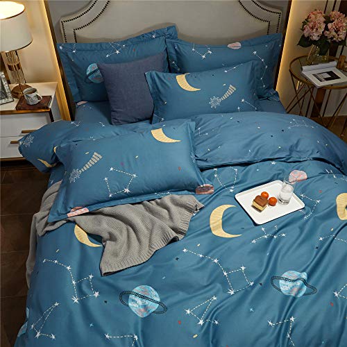 Bulutu Teal Blue Space Duvet Cover Set With Moon,Stars,Planet Pattern 100% Cotton Full/Queen 3Pcs,For Kids,Teen,Boys,Girls Bedding Quilt Cover Zippered Bedding Cute Comforter Cover Soft,Queen Size #TOP2