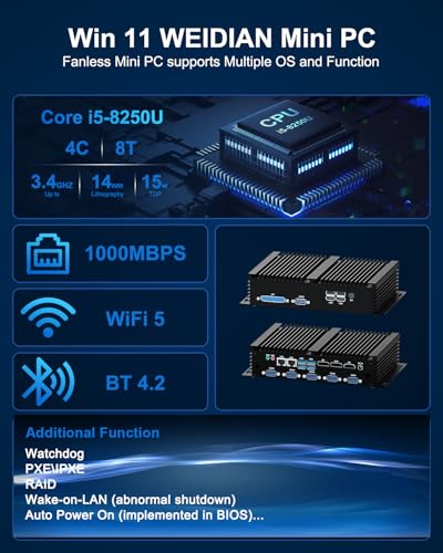 Image of WEIDIAN Fanless Industrial Mini PC Core i5 8250U Win11 Mini Desktop Computer 64GB RAM 1TB SSD 2TB HDD, 6xCOM(RS232 RS485) 4K 3xDisplays(HD+DP+EDP) 2xLAN 8xUSB LPT WiFi&BT Linux Auto Power On