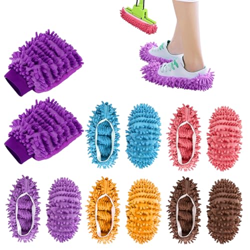PZJFH 5 pares (10 unidades) de fundas para pantuflas multifuncionales, fundas para zapatillas extraíbles y lavables, para limpiar el suelo con 2 guantes de microfibra