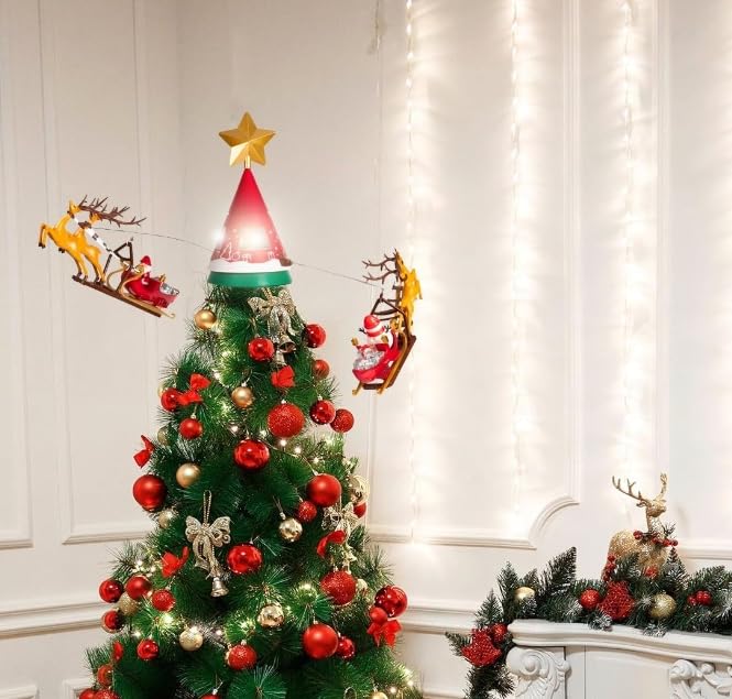 Puntale per Albero di Natale, Puntale Girevole a 360°, Punta per Albero con Babbo Natale con Renne, Luci Suoni e Movimento Ricaricabile