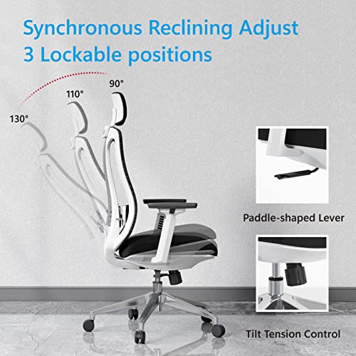 Logicfox Ergonomic Mesh Office Chair, Computer Desk Chair With 3D Armrests, Adjustable Lumbar Cushion And Adjustable Headrest, White High Back Home Office Chair With Tilt Function, Computer Chair #TOP4