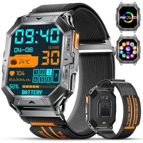 FEELNEVER Reloj inteligente militar para hombre con batería de 1000 mAh, reloj inteligente Amoled de 1.96 pulgadas con respuesta y llamada, monitor de sueño SpO2 de frecuencia cardíaca, 120 deportes,