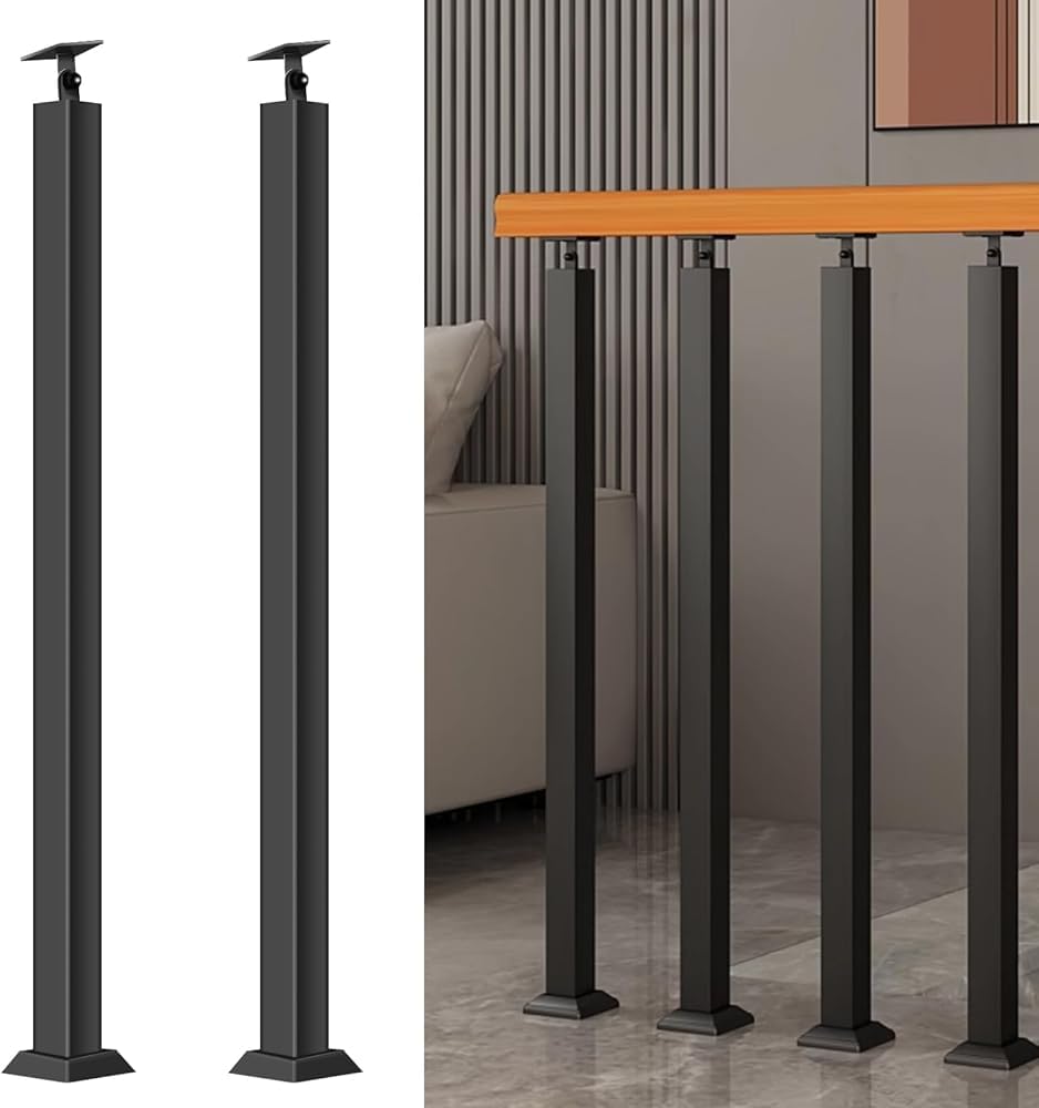 Square Stair Baluster Posts - 270°Adjustable Metal Railing Spindles with Flat Bracket Base,Black Iron Banister Posts for Deck, Balcony, Stair, Decor Railing(Size:2.95ft/90cm,Color:2 Pack Front Mount)