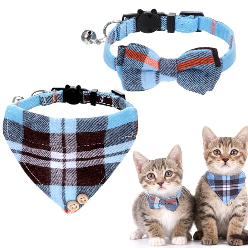 Psyqtsuary 2 Pcs Cat Bandana, Cat Tie Collar with Bells Breakaway Kitten Collars Adjustable Safety Pet Collars for Cats Puppy and Small Pets