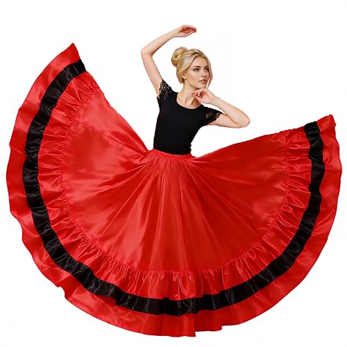 Baisdan Jupe Danse Orientale en Satin pour Femme, Jupe Flamenco Multicouches avec Volants, Idéale pour Danse du Ventre et Spectacles Orientale Rouge
