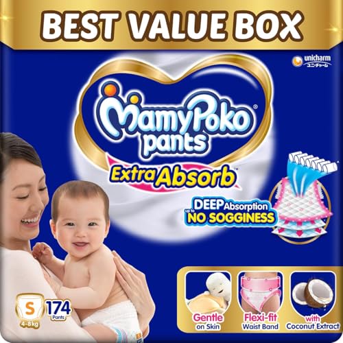 Image of MamyPoko Pants Extra Absorb Baby Diapers, Small (S size) | 4-8 kg | 174 Count |Deep Sleep Diapers| Soft gentle fit |Deep Absorbent Crisscross | skin friendly with coconut oil | (87 count, Pack of 2)