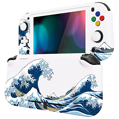 PlayVital ZealProtect Funda Protectora para Nintendo Switch Lite Accesorios Carcasa con Protector de Pantalla&Tapas de Agarre para el Pulgar&Pegatinas de ABXY Dirección Botón(La Gran Ola de Kanagawa)