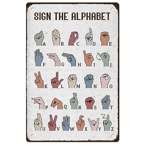 SUPERDANT Plaque Metal Vintage ASL American Sign Language Alphabet Education ABC Art Iron Rustic Plaque Decorative Metal Retro Poster Decor pour Maison et L'école Panneau Decoratif Exterieur 20x30CM