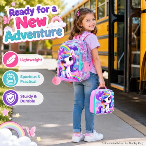 Image of 3Pcs Unicorn Backpack for Girls, 16 inch School Backpacks Set for Elementary Preschool Kindergarten, Kids Bookbag with Lunch Box(Pink)