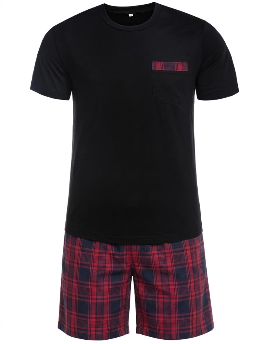 Winovia Schlafanzug Herren Kurz Pyjama Set aus Baumwolle Kurzarm Nachtwäsche mit Karierter Hose und Brusttasche Sommer Hausanzug Männer Geschenk