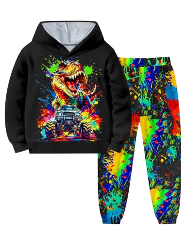 Image of Boys Clothes, T-Rex Print Dinosaur Boy Clothes Fall Winter Outfits Long-sleeved Hooded Sweatshirt Pants 2Pcs Set