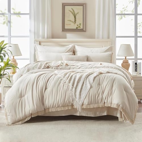 Image of Andency Oversized King Comforter Set Beige 120x98-7 Pieces Boho Tassel Bed in a Bag Soft Lightweight Bedding Sets, Fringe All Season Bed Set with Comforter, Sheets, Pillowcases & Shams
