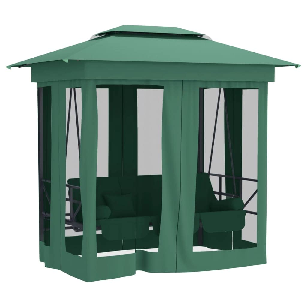 Columpio Jardín Exterior, Balancín de Jardín 3 Plazas con Techo y Cojines, Convertible en Cama, Marco de Acero, para Balcón, Terraza, Patio, 223 x 153 x 233 cm, Grün