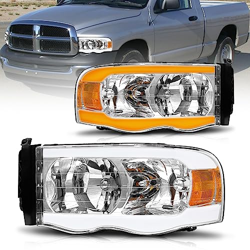 Adcarlights 2002-2005 Dodge Ram 1500/2003-2005 Ram 2500 3500 Led Tube Sequential Turn Signal Headlight Assembly W/Led Strips Chrome Housing Clear Lens H7 Projector Amber Reflector - Bulbs Included #TOP6