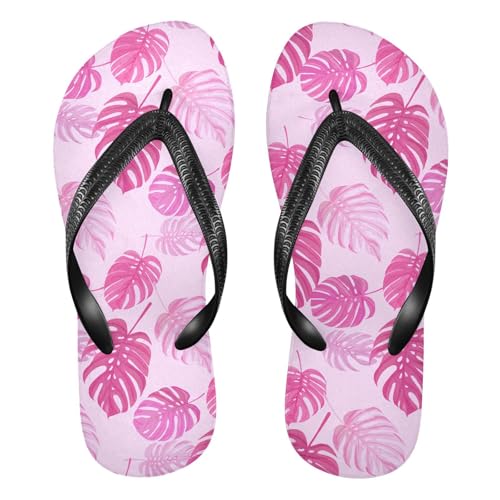 Sinestour Monstera Leaf Pink Flip Flops for Beach Thong Sandals Anti-slip Lightweight Beach Slippers for Summer Swim Travel