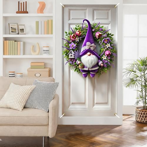 Image of Purple Spring Gnome Door Cover 35x71in Lavender Floral