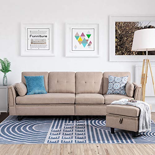 JY QAQA Convertible Sectional Sofa Couch with Reversible Chaise, L-Shaped Couch 4-seat Sofas with Modern Chenille Fabric for Living Room(Dark Khaki)