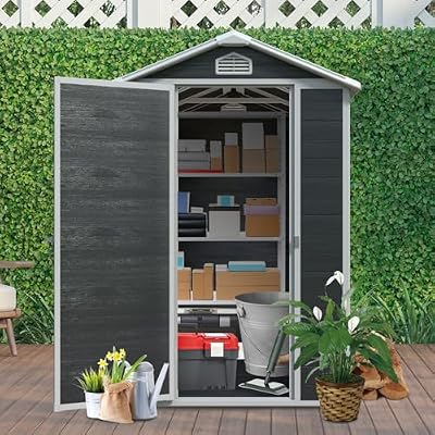 4 x 6 FT Outdoor Resin Shed with Floor, All-Weather Bike Utility Tool Garden Storage Shed with Lockable Door and Window, Waterproof Storage Container House for Backyard Garden Patio Lawn, Black