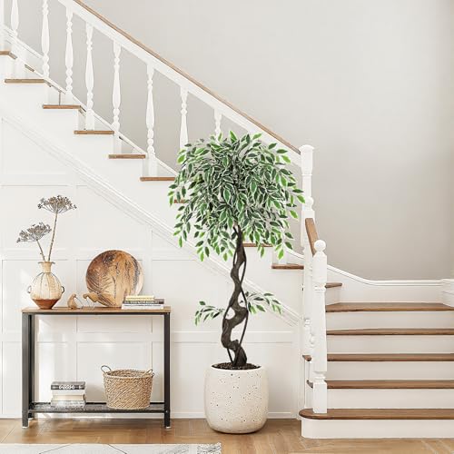 GarveeHome Artificial Ficus Tree for Home Decor Indoor,4FT Faux Floor Tree White Imitation Ceramic Planter, Indoor Outdoor Lifelike Fake Ficus Tree with Pebbles & Green Fake Moss for Office