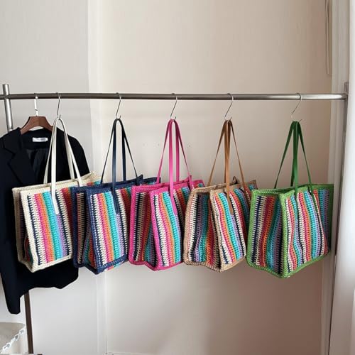 Women Striped Woven Tote Rainbow Straw Shoulder Bag Large Capacity Straw Woven Outdoor Travel Bag2