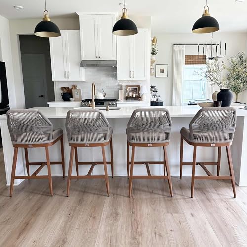 Image of PURPLE LEAF Counter Height Bar Stools Set of 4 Rattan Chair Boho Wicker Metal Counter Stools with Back and Footrest Patio Seating Modern Garden Pool Outdoor Barstools