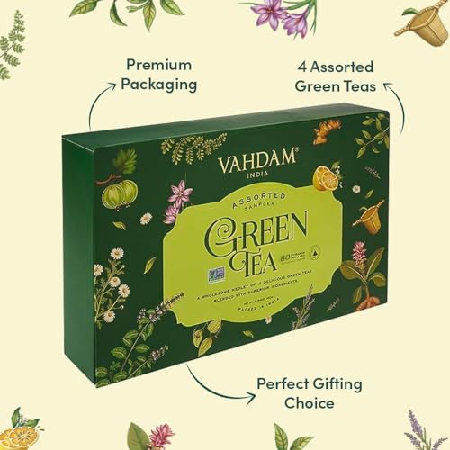 Foto von VAHDAM, Grüner Tee Sortenpackung (4 Geschmacksrichtungen, 80 Pyramiden-Teebeutel) Tee Probierset - Langblatt Pyramide Grüner Teebeutel | Geschenke Für Frauen Und Männer, Tee Geschenkset