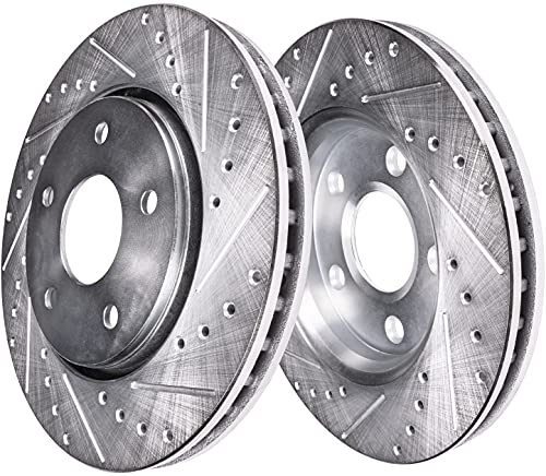 Image of Detroit Axle - Front Brake Kit for 2005-2008 Dodge Dakota 2006-2009 Mitsubishi Raider Drilled & Slotted Brake Rotors Disc Brakes Caliper w /Bracket 2007 Replacement