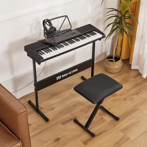 MUSTAR Piano à clavier lumineux 61 touches, clavier numérique pour débutants, piano électrique avec enseignement intelligent, support, tabouret, casque (Noir & Argent) – vue 9