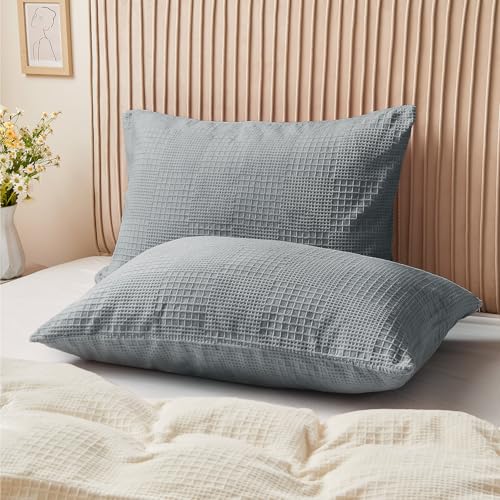 Image of BEDELITE Flannel Pillowcases Standard Set of 2, Grey-Waffle, 20x26 Inches