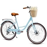 DEYGIA Beach Cruiser Bike for Women, 26 inch 7 Speed Commute Bike for Adults, Women Bicycle with Rattan Basket and Adjustable Seat, Lightweight Step Through Bike for Adults Women Ladies, Light Blue