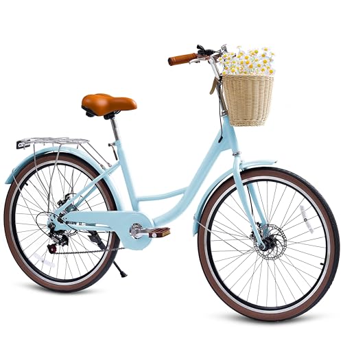 DEYGIA Kids Bike, Cruiser Bike for Girls, 24 inch 7 Speed Kids' Bicycles with Rattan Basket and Adjustable Seat, Lightweight Step Bike for Kid Girls...
