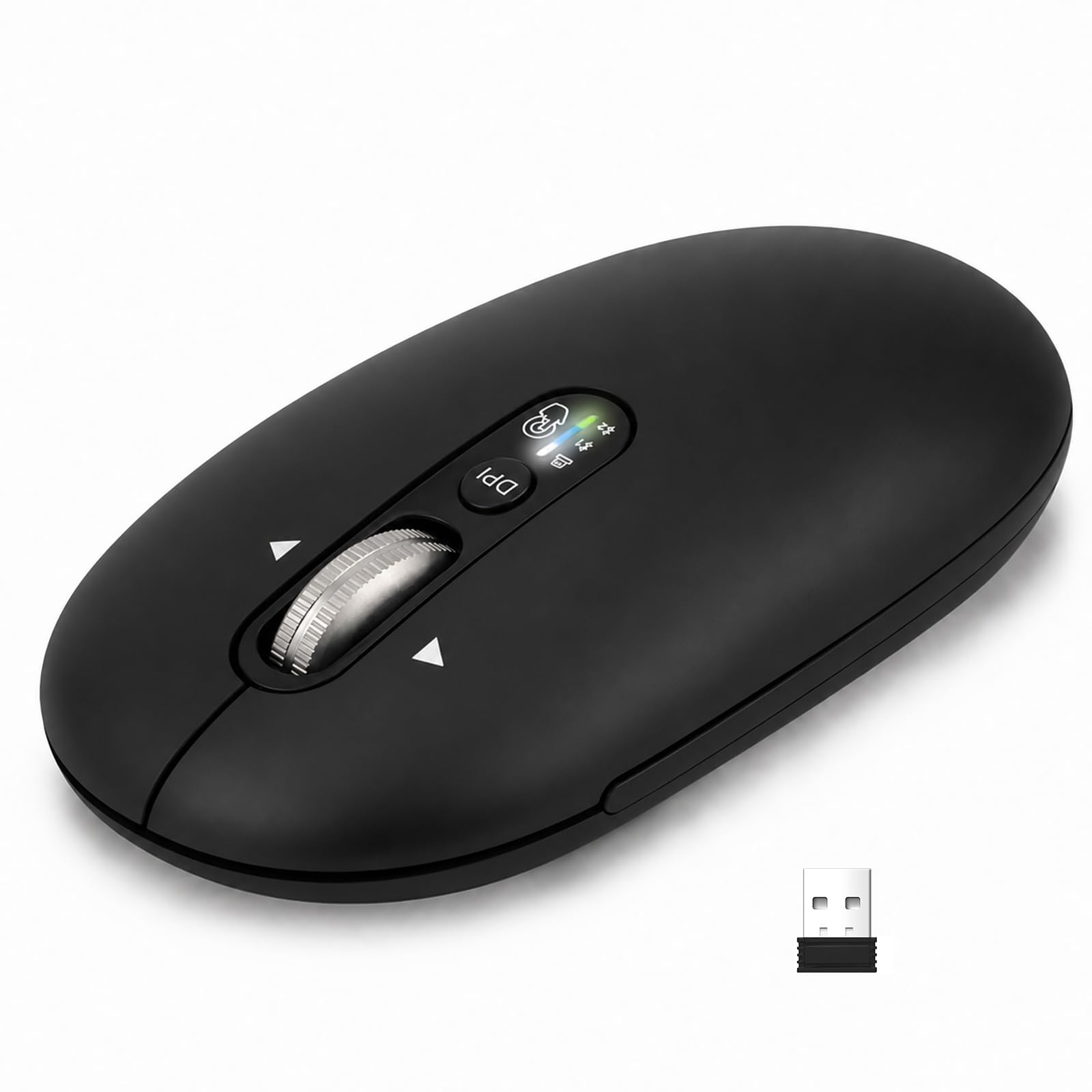 INFINMIND Mouse Bluetooth Senza Fili con Smart Flying Scroll, Rotellina ergonomica per il pollice, silenzioso per 3 dispositivi - Compatibile con Windows/Mac OS/Chrome/Android (Nero)