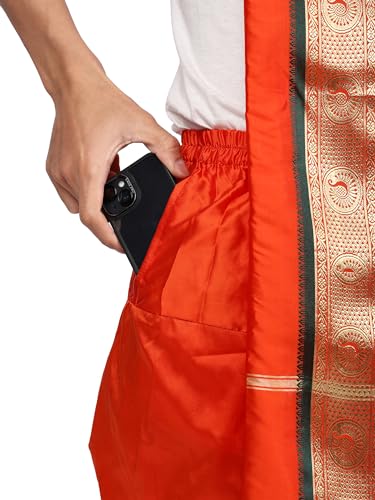 Image of Rameshwaram Fabrics Readymade Dhoti for Men, Velcro Style Stitched Mens Silk Dhoti Pant with Stole Set