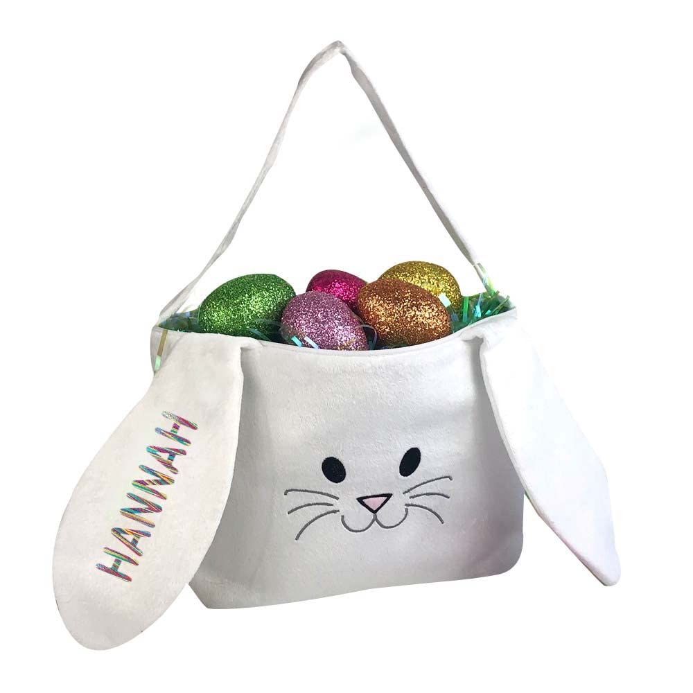 GiftsForYouNow Personalized Embroidered Name Bunny Basket - 9 x 6 x 8.5 Inches, Blue, Pink or Rainbow Thread